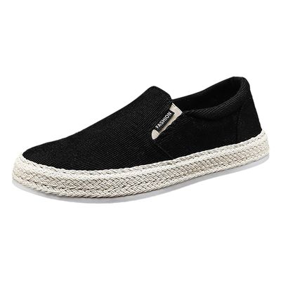 Canvas Men's Shoes Summer Thin Breathable Casual Flat Shoes No Laces Linen Casual Shoes Flat Shoes for Men Casual (Black, 7.5)