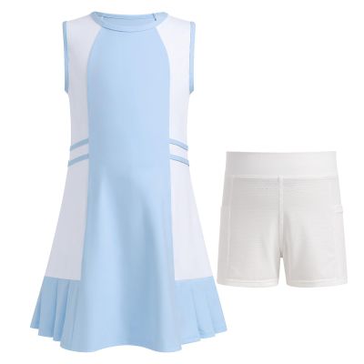 ABOCIW Girls Tennis Dress with Shorts Golf Outfit Sleeveless Tank Top Workout Athletic Dresses School Sports Pleated Dresses #2 Light Blue 8-9 Years