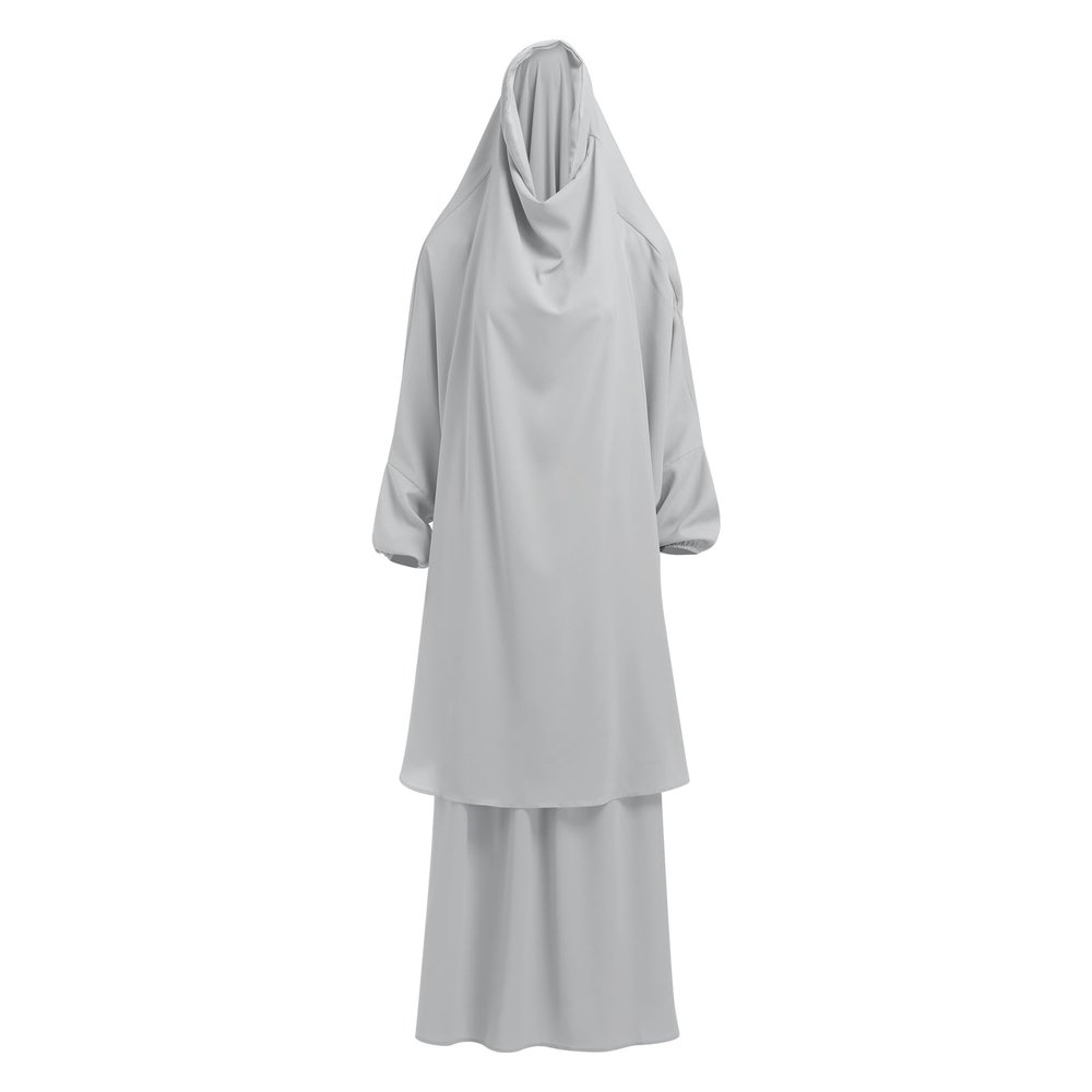 2 Piece Jilbab Set Ramadan Dress For Women Clothes For Women Abaya Dress For Women Khimar Islamic Long Sleeve Hijab Dress with Loose Skirts Full Cover Kaftan Prayer Eid Outfits Light Gray One Size