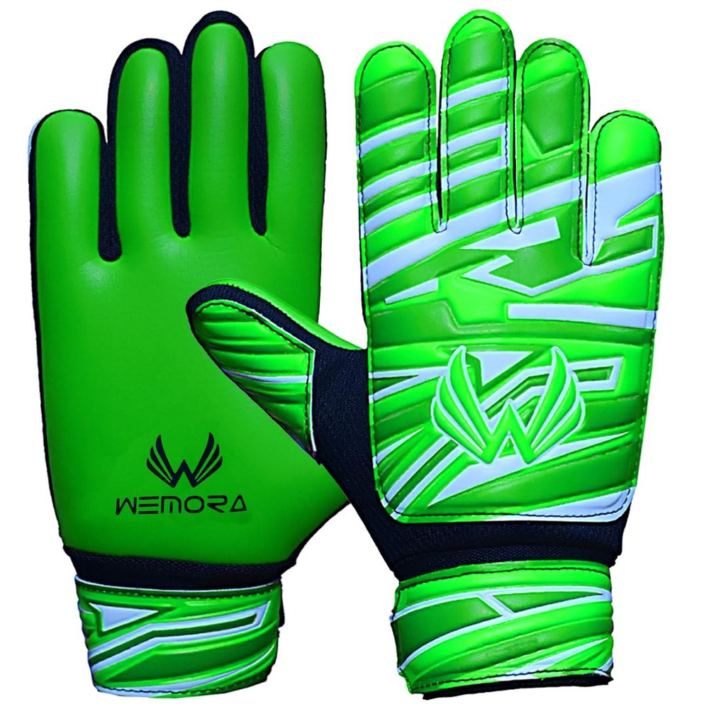WEMORA Soccer Goalie Gloves for Kids Youth Junior Boys 4mm Anti Slip Strong Grips Palm Football Goalkeeper Gloves (Black/Green, Size 2 Suitable for 4 to 5 Year Old, Ambidextrous)