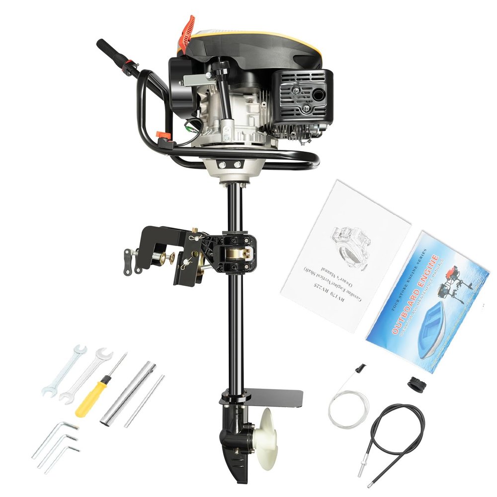 4-Stroke Outboard Motor, 225CC Heavy Duty Gasoline Propeller Fishing Boat Engine Motor 4.3KW Single Cylinder Marine Boat Motor with Air Cooling System and Manual Recoil Start