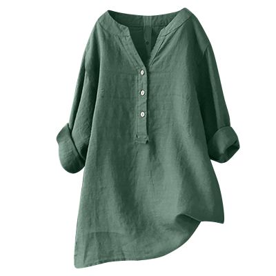 Womens Casual Long Sleev Shirts Loose Cotton Linen Crew Neck Pullover Tops Soft Lightweight Button Down Ladies T-Shirts Green