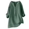 Womens Casual Long Sleev Shirts Loose Cotton Linen Crew Neck Pullover Tops Soft Lightweight Button Down Ladies T-Shirts Green view 1