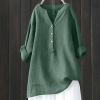 Womens Casual Long Sleev Shirts Loose Cotton Linen Crew Neck Pullover Tops Soft Lightweight Button Down Ladies T-Shirts Green view 2