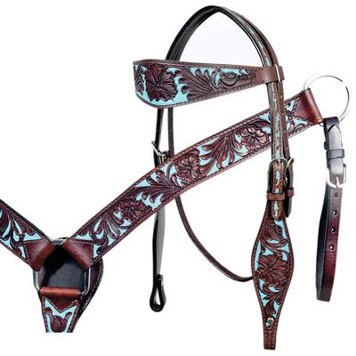 Western Headstall Breast Collar Reins Tack Set Leather Hand Carved Tooled Equestrian Trail Horse Saddle Full Cob Pony ST-006 (Headstall, Pony)