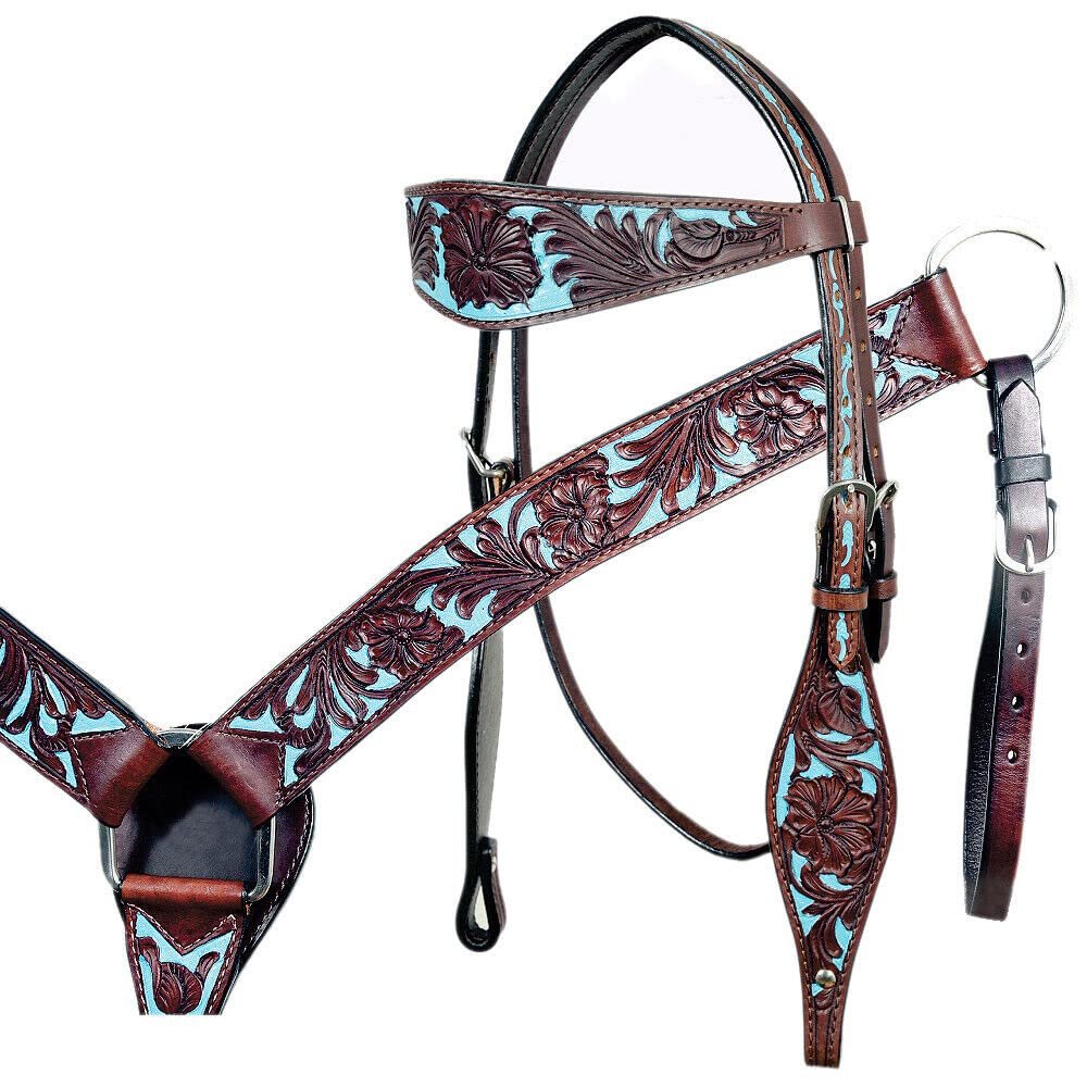 Western Headstall Breast Collar Reins Tack Set Leather Hand Carved Tooled Equestrian Trail Horse Saddle Full Cob Pony ST-006 (Headstall, Pony)