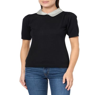 Adrianna Papell Hammered Satin Collar Twofer, Black W/Ivory/Black Micro Dot, XS
