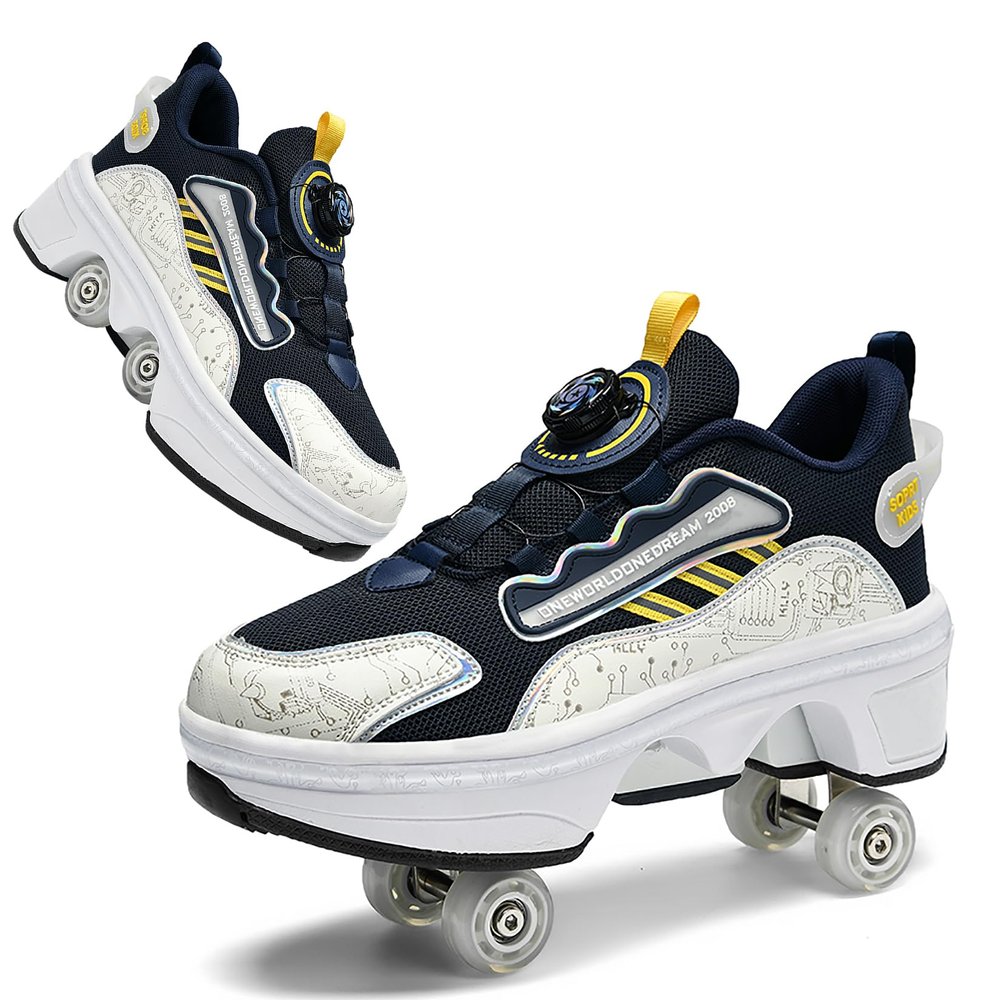 2-in-1 Roller Skate Shoes for Kids, Sneakers with Double-Row Invisible Deformation Wheels, Retractable Skates Shoes Suitable for Outdoor Sports Skating Invisible Roller Skates for Kids& Adults