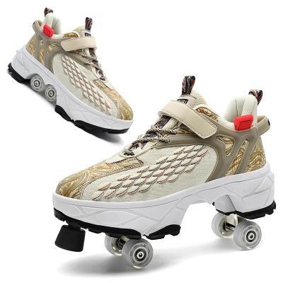 2 in 1 Retractable Deformation Roller Skate Shoes, Double-Row Deform Wheel Automatic Walking Shoes with Detachable Brake Invisible Roller Shoes Pulley Skates Sneakers Skating Parkour for Outdoor