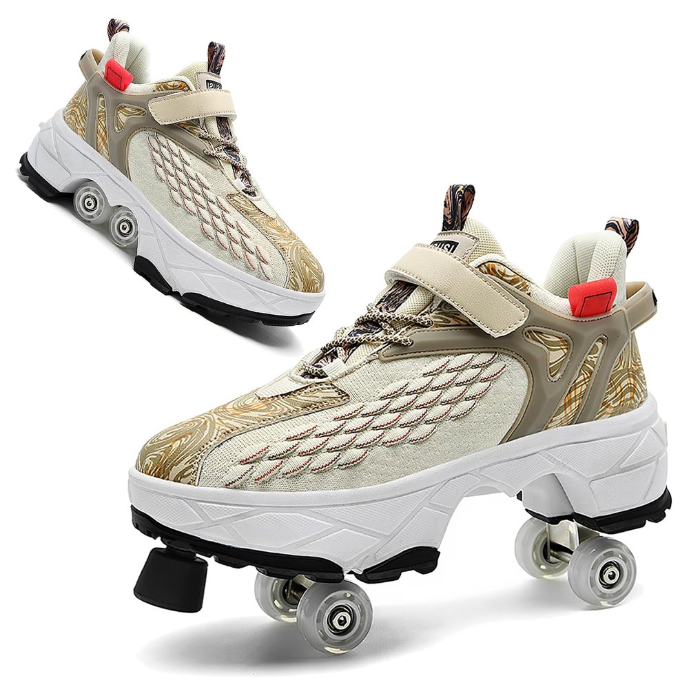 2 in 1 Retractable Deformation Roller Skate Shoes, Double-Row Deform Wheel Automatic Walking Shoes with Detachable Brake Invisible Roller Shoes Pulley Skates Sneakers Skating Parkour for Outdoor