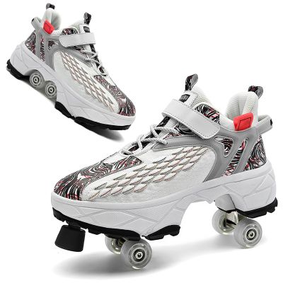 Htftmy Multifunctional Roller Skates Shoes with Detachable Brake, Outdoor Automatic Walking Sports Shoes Retractable Roller Shoes with 4 Wheels for Girls Boys Adult, for Indoor Outdoor Sports, US 8.5