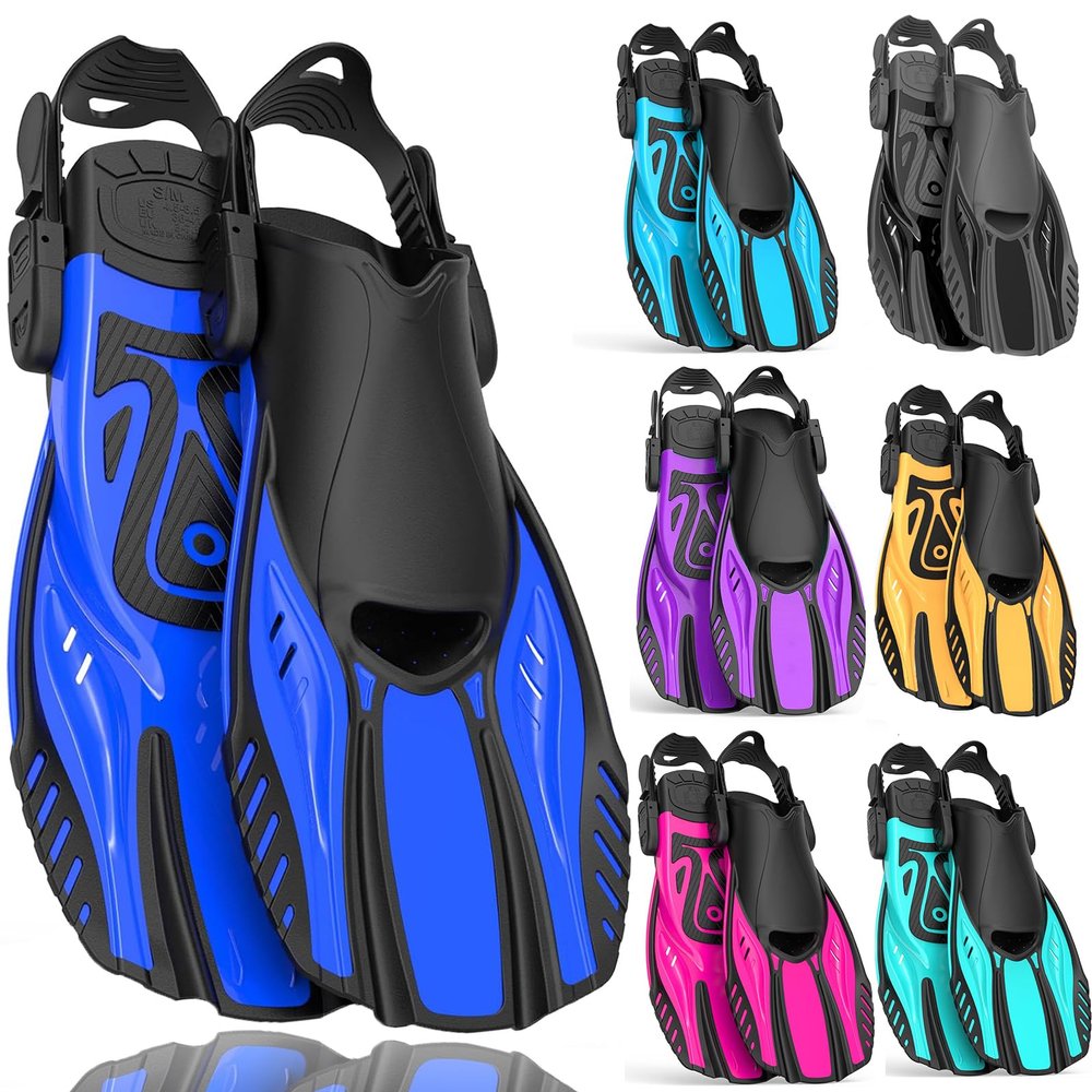 Otowaving Snorkel Fins Diving Fins Adjustable Buckles Open Heel Swim Flippers Travel Size Short Swim Fins for Snorkeling Diving Swimming Adult Men Womens