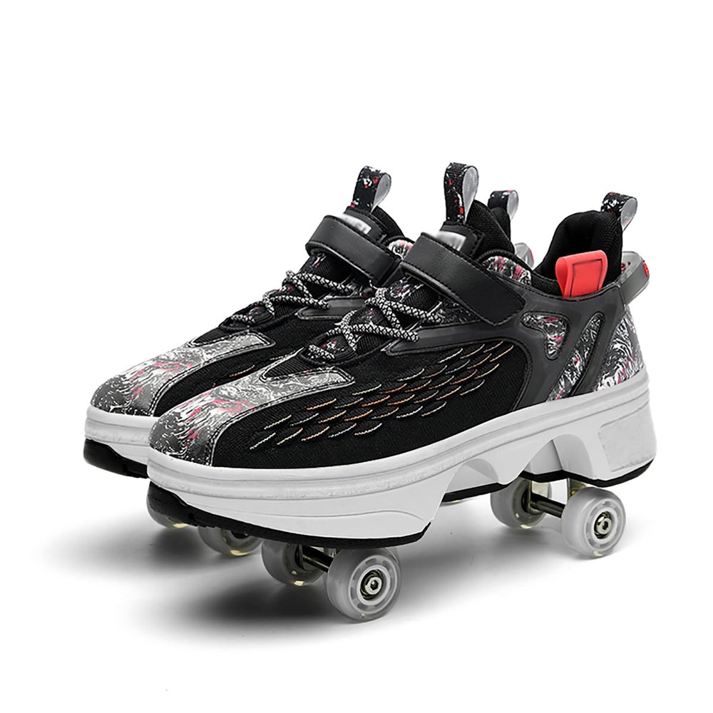 Double-Row Invisible Roller Skate Shoes, Unisex Deform Wheel Automatic Walking Shoes, 2 in 1 Pulley Skates with Retractable Wheels, Outdoor Rollerskates/Rolling Sneakers for Kids& Adults