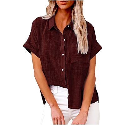 Womens Fashion Short Sleeve Button Down Shirts Casual Cotton Linen Lightweight Tee Shirts Loose Plus Size Tunic Tops Wine