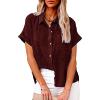 Womens Fashion Short Sleeve Button Down Shirts Casual Cotton Linen Lightweight Tee Shirts Loose Plus Size Tunic Tops Wine view 2
