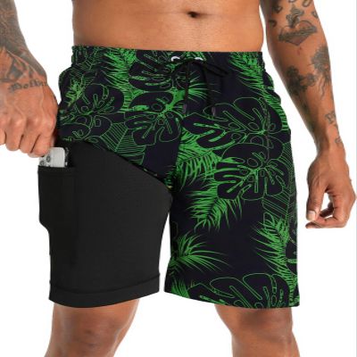 APTRO 2 in 1 Men's Swim Trunks 9" with Zipper Pockets Bathing Suit Built-in Board Shorts Swimwear Long Shorts Green Leaf 3X
