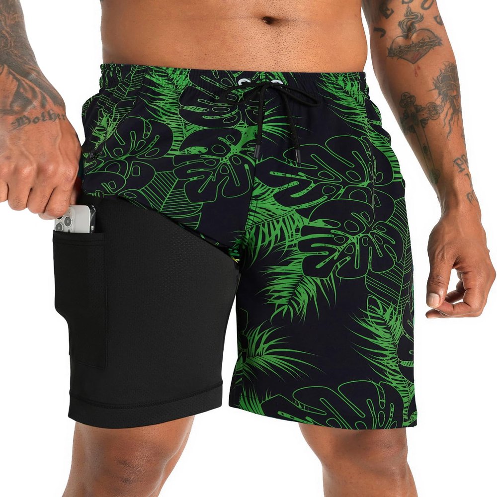 APTRO 2 in 1 Men's Swim Trunks 9" with Zipper Pockets Bathing Suit Built-in Board Shorts Swimwear Long Shorts Green Leaf 3X