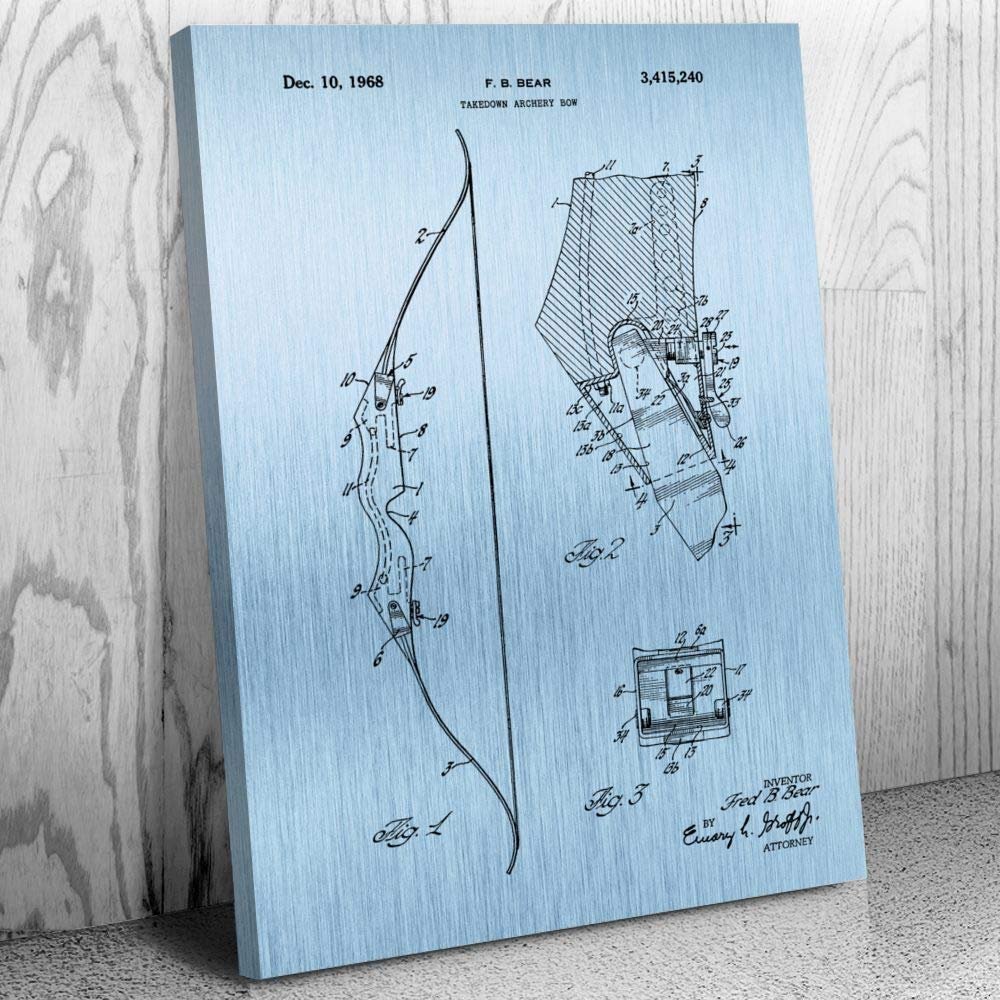 Patent Earth Takedown Bow Canvas Print, Archery Gifts, Archery Decor, Hunting Gift, Bow Blueprint, Archery Instructor, Archery Coach Blue Steel (11 inch x 14 inch)