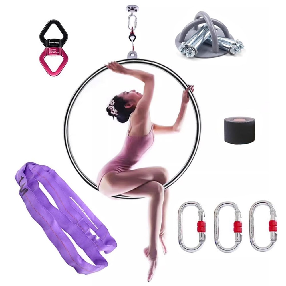 Hanging Aerial Hoop Dance Fitness Training Kit, Aerial Lyra Hoop Frame Heavy Duty, 2.6ft/2.8ft/3ft/3.1ft/3.3ft Stainless Steel Aerial Yoga Ring Silver, Loads 661LBS ( Size : Dia 90cm(35 3/8")+All acce