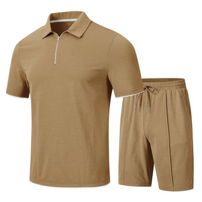 MoFiz Tracksuits Sets Two Pieces Outfits for Mens Jogger Sets Sweatsuit Short Sleeve Polo Quarter Zip Shirts Shorts Sport Suits With Pocket (Khaki Large)