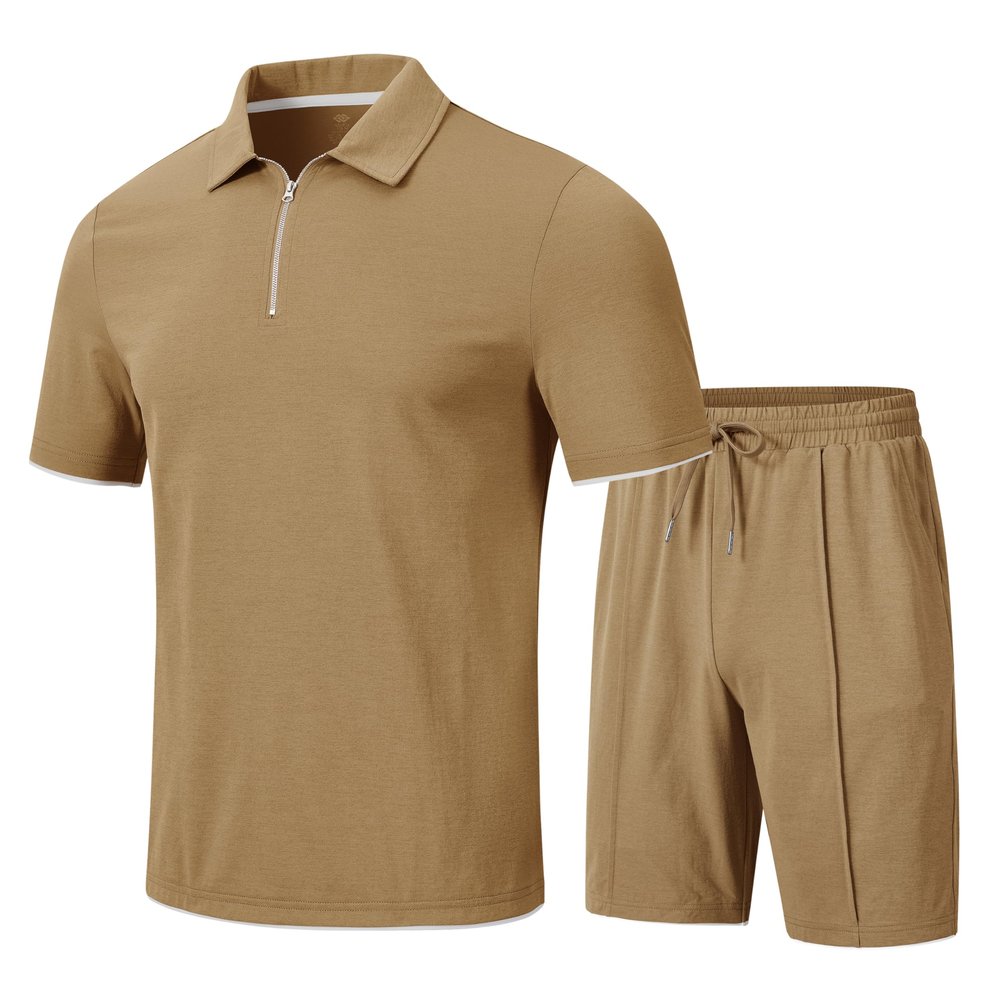 MoFiz Tracksuits Sets Two Pieces Outfits for Mens Jogger Sets Sweatsuit Short Sleeve Polo Quarter Zip Shirts Shorts Sport Suits With Pocket (Khaki Large)