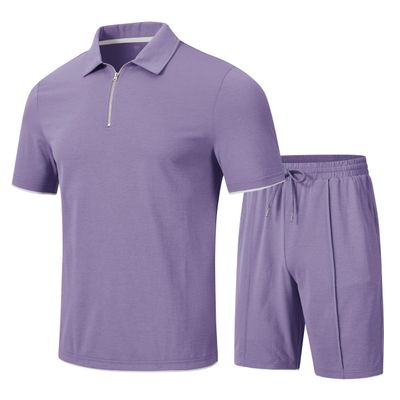 MoFiz Mens Track Suits Shorts Sets Outfit Casual 2 Piece Sets Quarter Zip Polo Shirt Short Sleeve Jogging Sweatsuit Workout (Light Purple XX-Large)