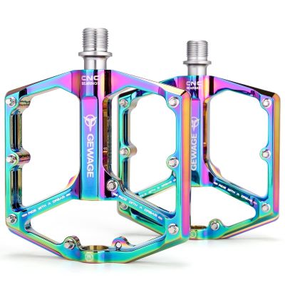 Road/Mountain Bike Pedals - 3 Bearings Bicycle Pedals - 9/16 CNC Machined Flat Pedals with Removable Anti-Skid Nails (Rainbow)