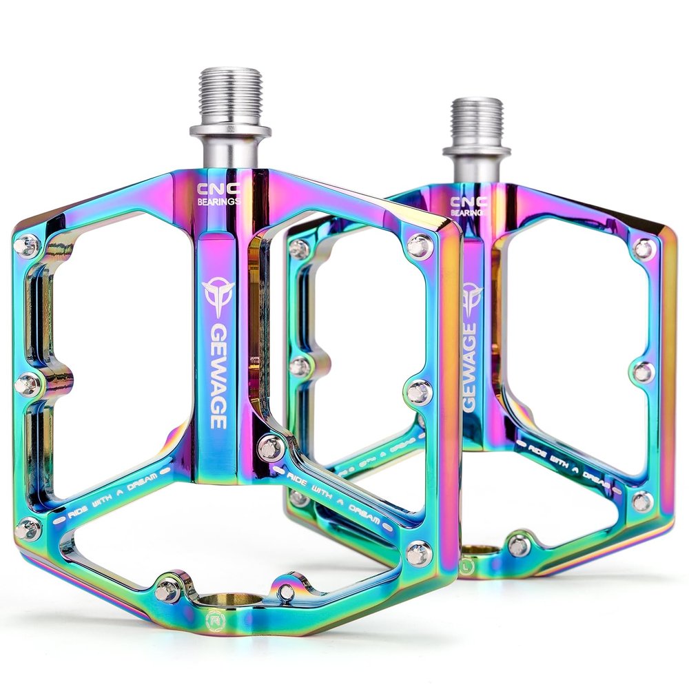 Road/Mountain Bike Pedals - 3 Bearings Bicycle Pedals - 9/16 CNC Machined Flat Pedals with Removable Anti-Skid Nails (Rainbow)
