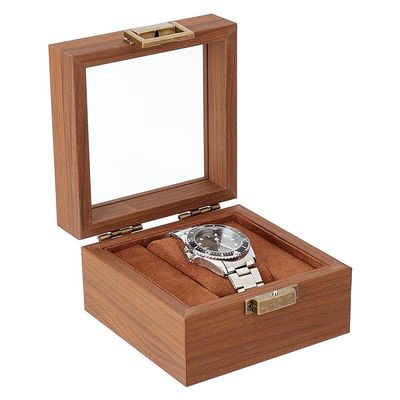 AHANDMAKER Single Watch Display Stand with Clear Glass Window Wood Watch Gift Box Watch Holder for Women and Man Valentine's Gift Jewelry Collection, Coconut Brown