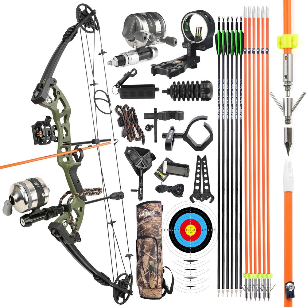 surwolf Bowfishing Compound Bow Kit Ready to Fish Kit with Bowfishing Reel, Bow Fishing Arrows Right & Left Hand for Adult/Youth Fishing Hunting, Target Shooting (Right Handed, Olive Green)