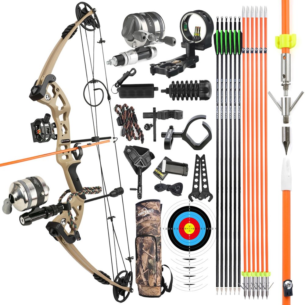 surwolf Bowfishing Compound Bow Kit Ready to Fish Kit with Bowfishing Reel, Bow Fishing Arrows Right & Left Hand for Adult/Youth Fishing Hunting, Target Shooting (Left Handed, Earth Tone)