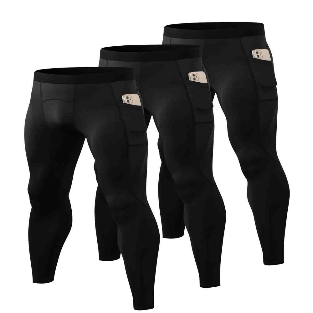 LEICHR 3 Pack Men Compression Pants Athletic Red Leggings Pockets Sports Baselayer Basketball Cycling Tights White Active Running Pants