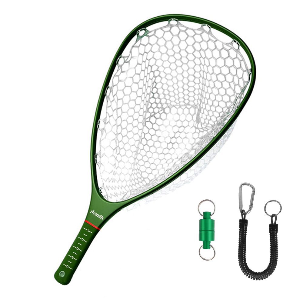 Aventik Fly Floating Fishing Net Carbon Fiber Landing Trout Net Clear Rubber Ghost Catch & Release Net(Green +Green Magnet)
