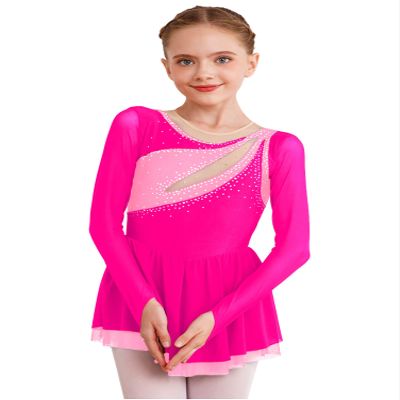 CHICTRY Figure Skating Dress Girls Long Sleeve Patchwork Ballet Dress Leotard with Wrap Skirt Outfit Hot Pink 14 Years