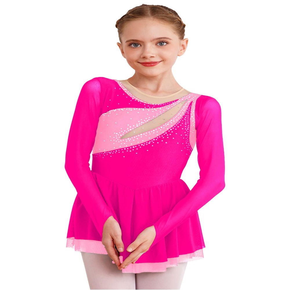 CHICTRY Figure Skating Dress Girls Long Sleeve Patchwork Ballet Dress Leotard with Wrap Skirt Outfit Hot Pink 14 Years