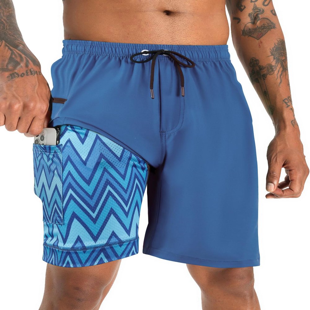 APTRO 2 in 1 Men's Swim Trunks 9" with Zipper Pockets Bathing Suit Built-in Board Shorts Swimwear Long Shorts Blue 3X