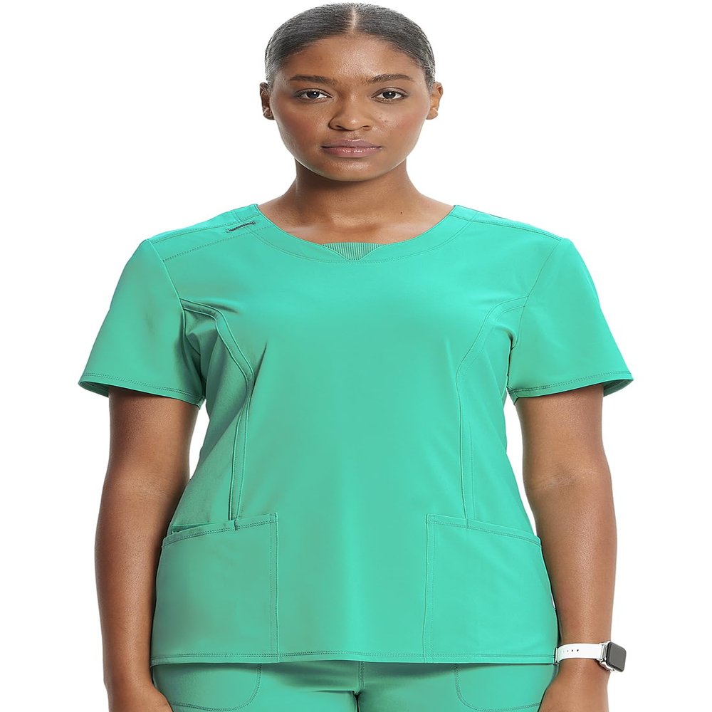 Cherokee Infinity Scrubs for Women Round Neck Scrub Top with 3 Pockets & 360 Stretch 2624A, XL, Palm Leaf