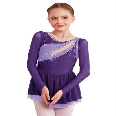CHICTRY Figure Skating Dress Girls Long Sleeve Patchwork Ballet Dress Leotard with Wrap Skirt Outfit Purple 14 Years