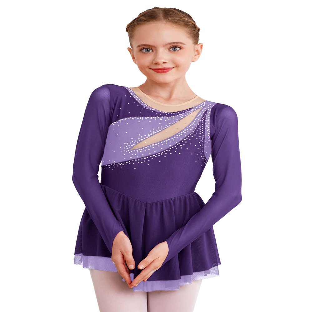 CHICTRY Figure Skating Dress Girls Long Sleeve Patchwork Ballet Dress Leotard with Wrap Skirt Outfit Purple 14 Years