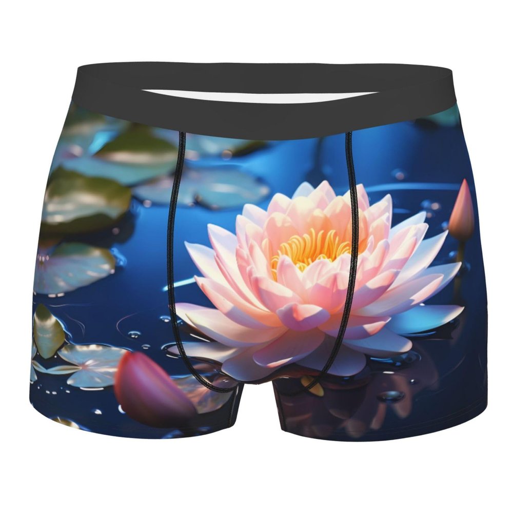 MELPHI Lotus Flowers Printed Men'S Flat Angle Underwear With A Spacecraft Design, Breathable And Lightweight Black