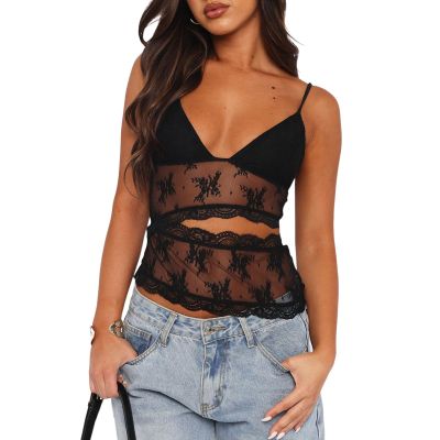 Mxiqqpltky Lace Patchwork Cami Top for Women Spaghetti Strap Halter Tie-up Backless Slim Fit Going Out Crop Top Lace Tank Top (F-Black, S)