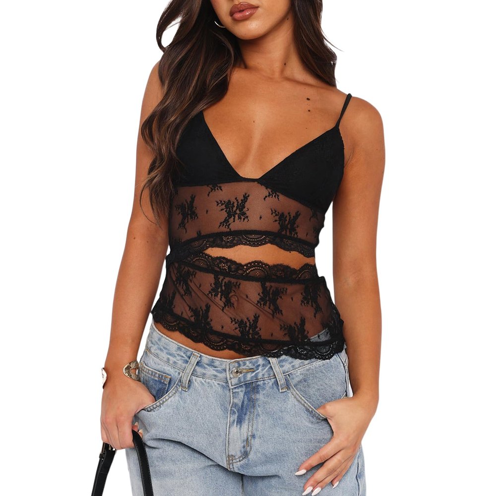 Mxiqqpltky Lace Patchwork Cami Top for Women Spaghetti Strap Halter Tie-up Backless Slim Fit Going Out Crop Top Lace Tank Top (F-Black, S)