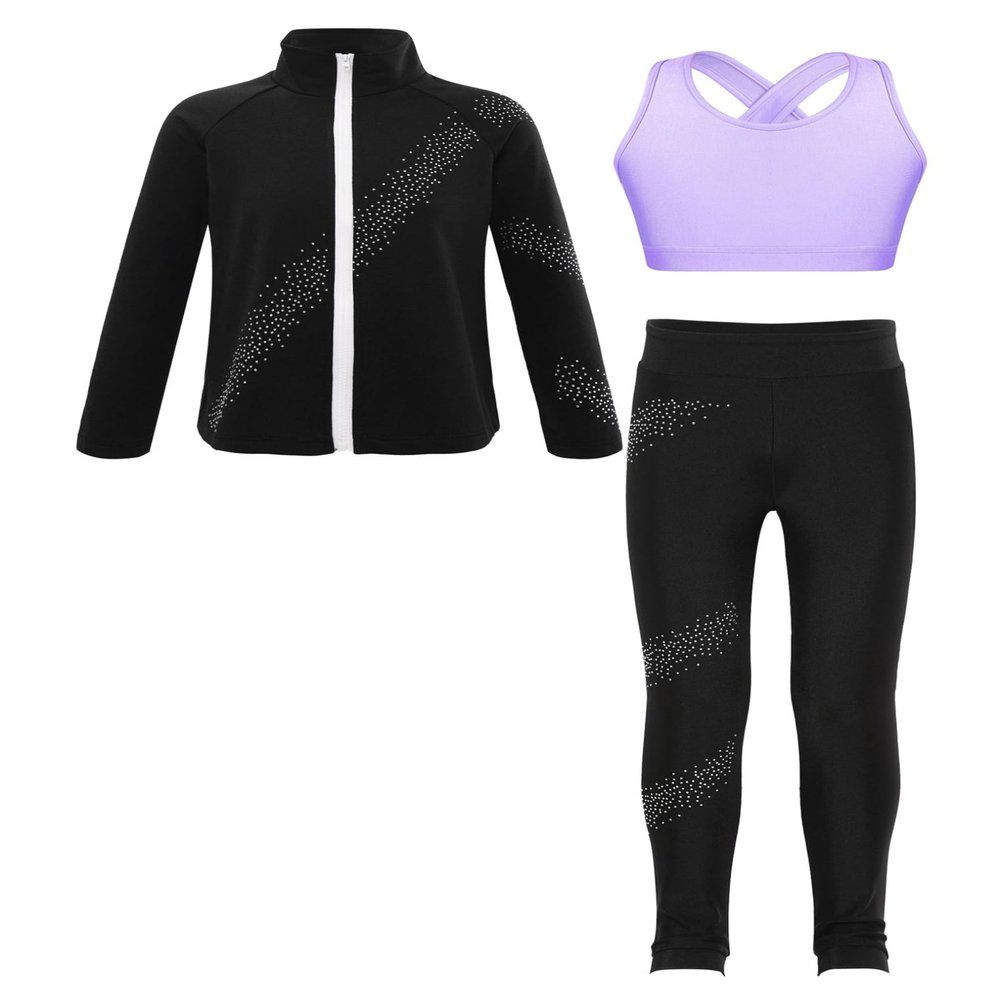 Freebily Kids Girls Rhinestones Figure Ice Skating Jacket Coat Dance Crop Tops with Leggings Set Competition Costume Lavender 10 Years
