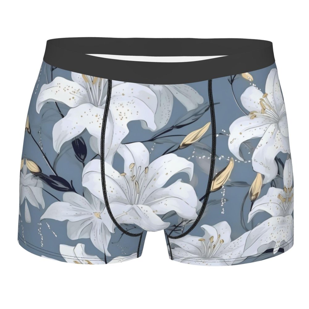 MELPHI Grey And White Lily Floral Printed Men'S Flat Angle Underwear With A Spacecraft Design, Breathable And Lightweight