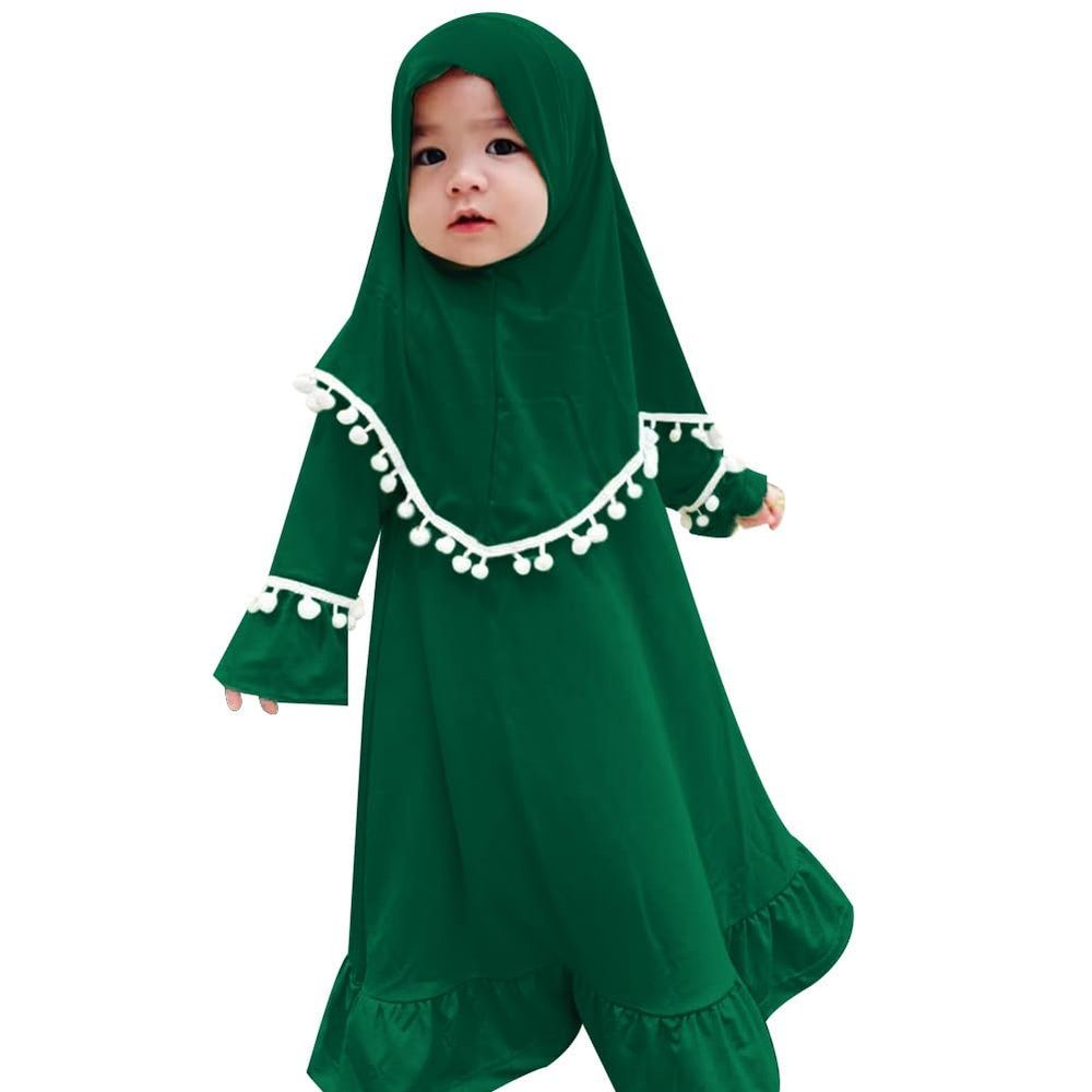 Abaya Dress for Baby Girls Prayer Dresses for Eid Ramadan Outfits Long Sleeve Robe Kaftan Dress Infant Girls Milk Silk Clothes Maxi Abayas Baby Girl Muslim Clothes Dark Green Pom-poms 18-24 Months
