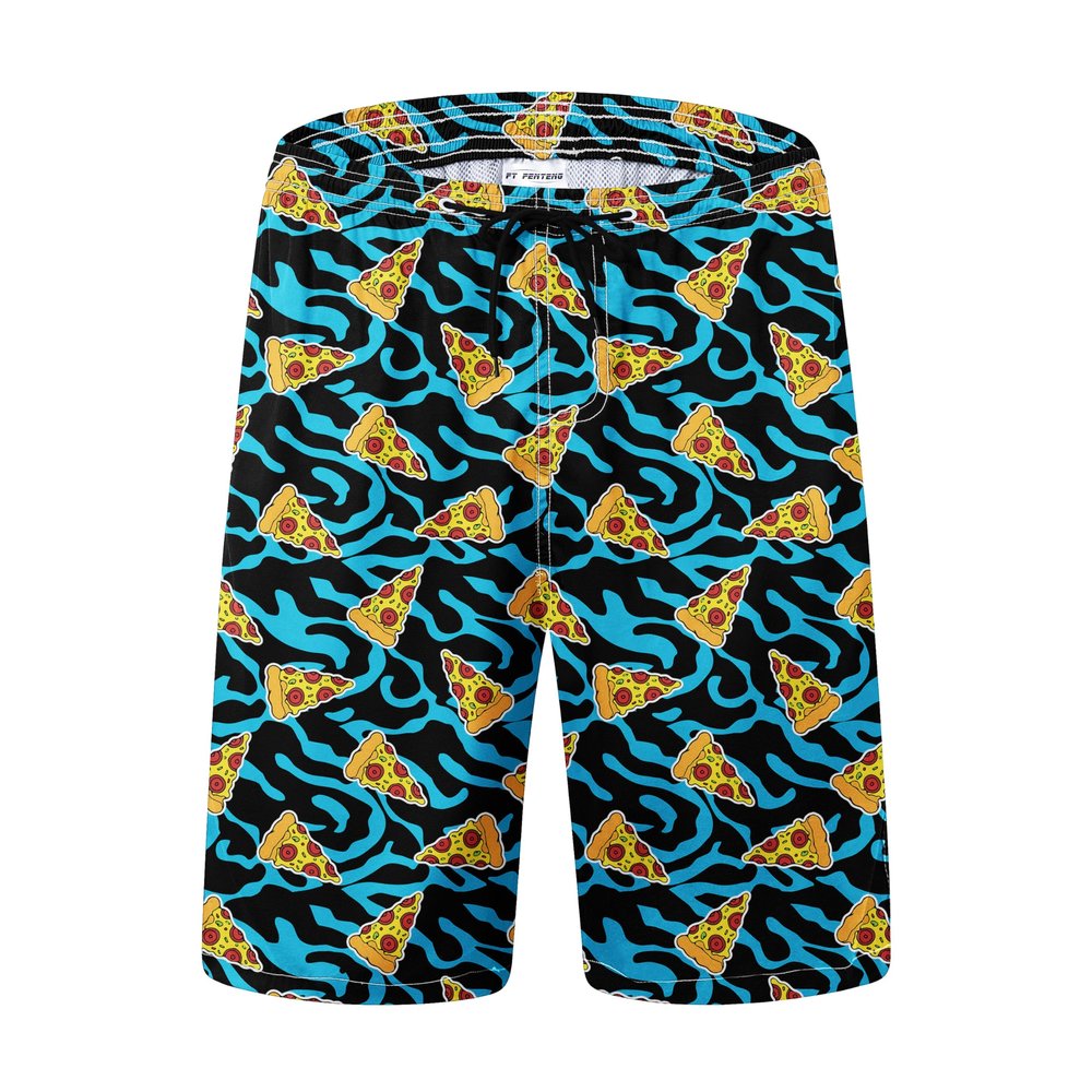 FT FENTENG Mens Swim Trunks, 80s Leopard Pizza Board Shorts Swimwear Bathing Suit with Mesh Lining, Funny Hawaii Quick Dry Beach Shorts for Swimming, XX-Large