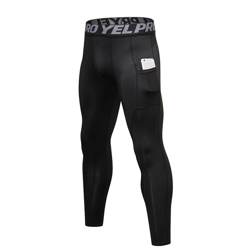 Black Compression Pants Men Leggings Tights Dry Cool Sports Running Athletic Gym Basketball Baselayer Tights Pockets