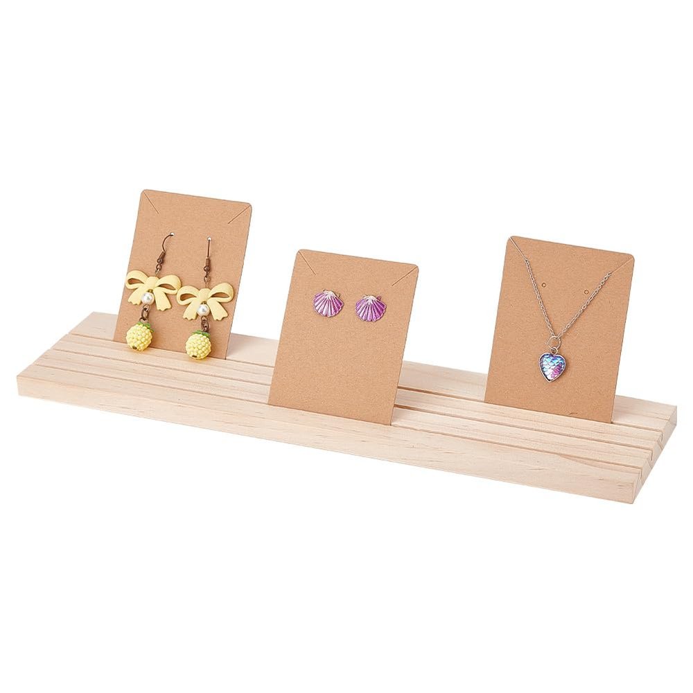 PH PandaHall 1 Pack Wooden Earring Holder, 3 Slot Earring Display Stand Wood Business Card Holder Ring Jewelry Organizer Tray for Tabletop Shows Earring Craft Showing Jewlry Display 11.8x3.05x0.41inch