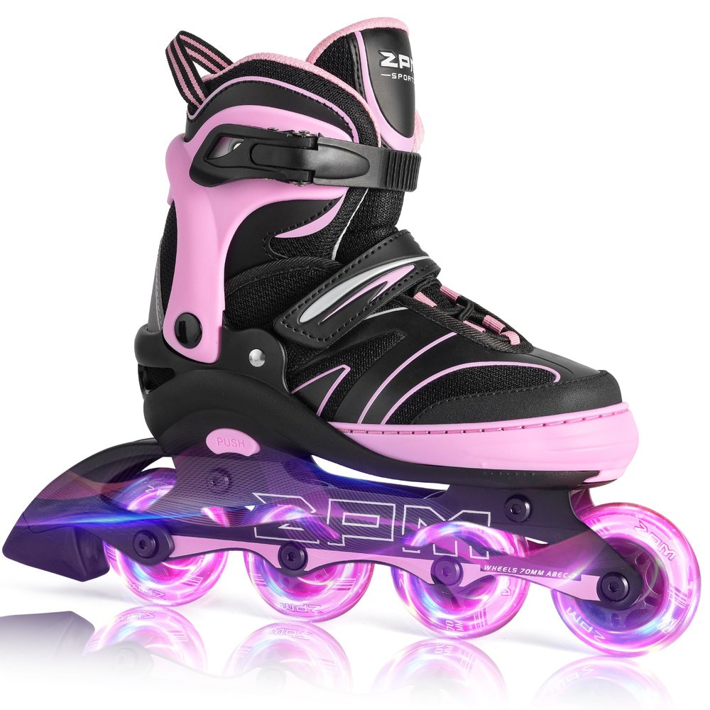 2PM SPORTS Kids Adjustable Inline Skates Ages 4-12, Youth Inlie Skates for Girls Boys 5-8 8-12 with Full Light Up Wheels, Beginner Women Men Adult Skates - Pink Small