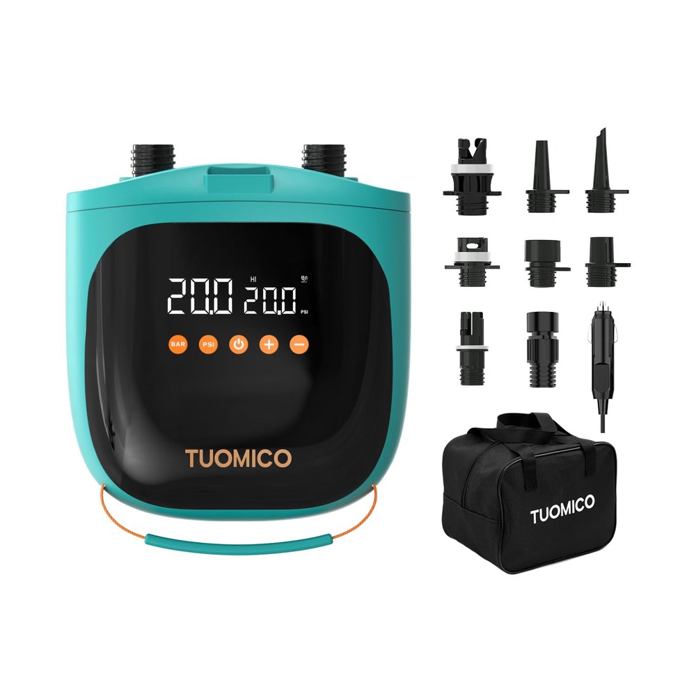 Tuomico 20PSI Paddle Board Pump Sup Air Pump Electric Portable Inflator & Deflator, Auto-Off, Mini Compressor for Inflatable Stand-up Paddleboard Kayak Wing Kite with 12V DC Car Plug-in Adapter